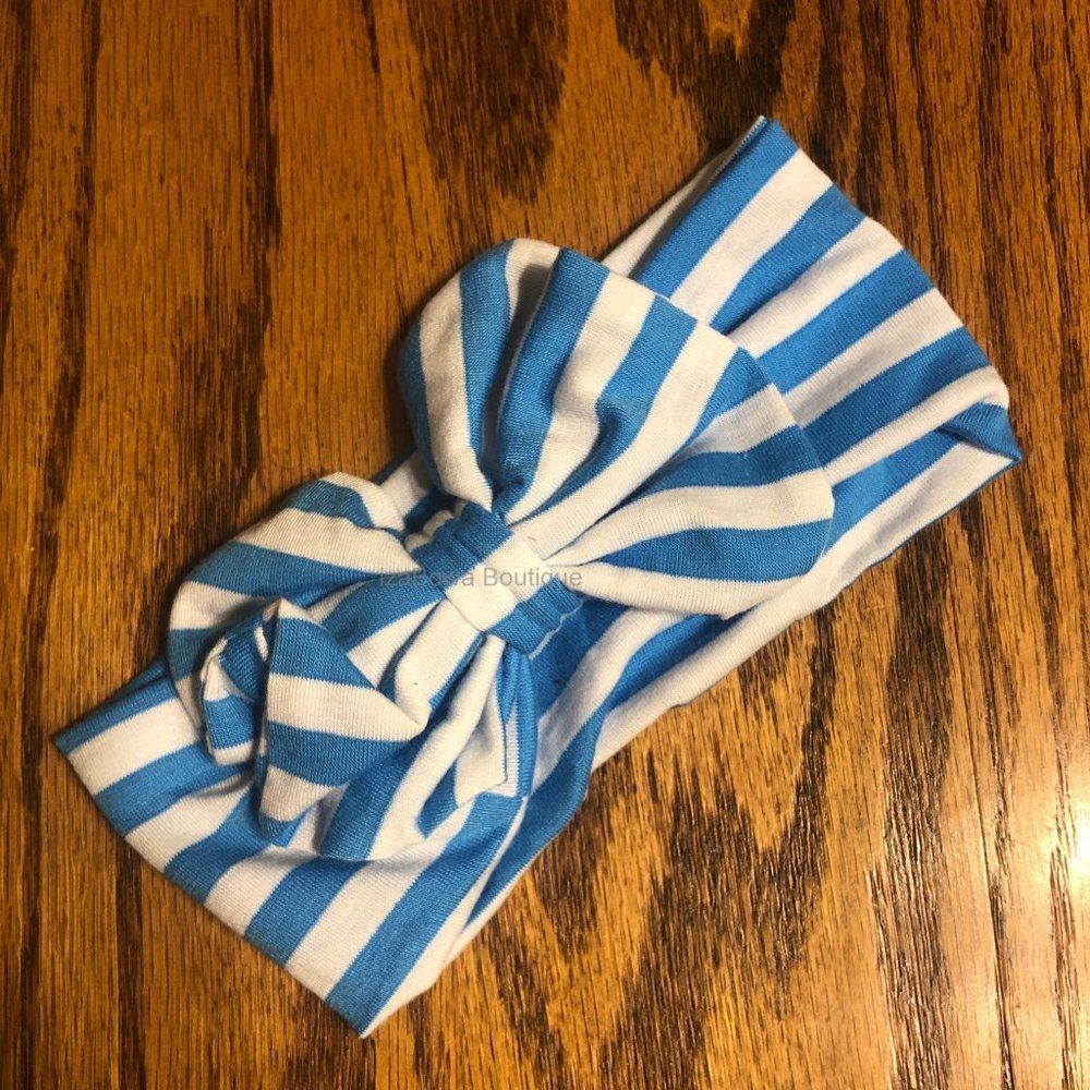 Aqua & White Stripe Cotton Big Bow Headband  (2)  AQMBHB  Handmade NWT Boutique